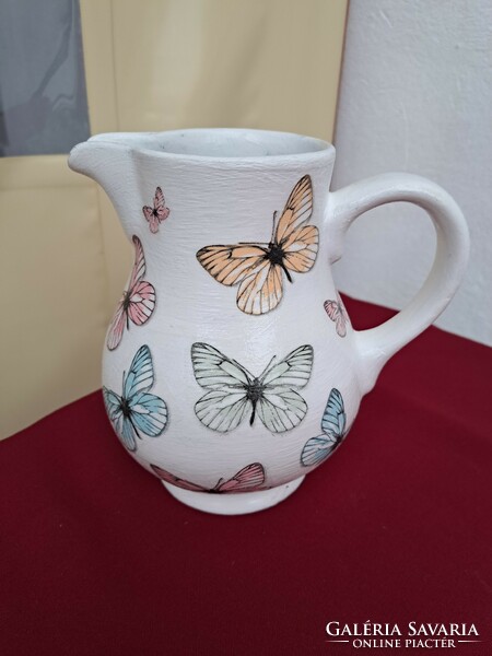 Painted, decoupaged butterfly ceramic jug pouring home decoration