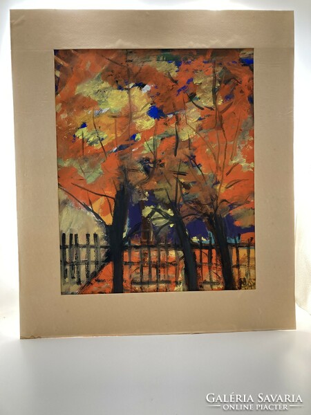 Autumn street - large modern picture, tempera, paper, 60 x 50 cm, signed