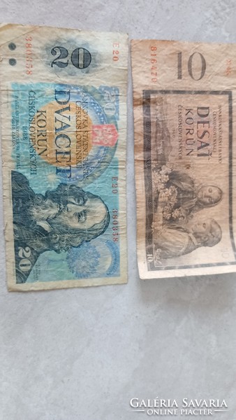 Csehszlovák papirpénz korona 10 és 20 korona 1960,ill 1988-ból