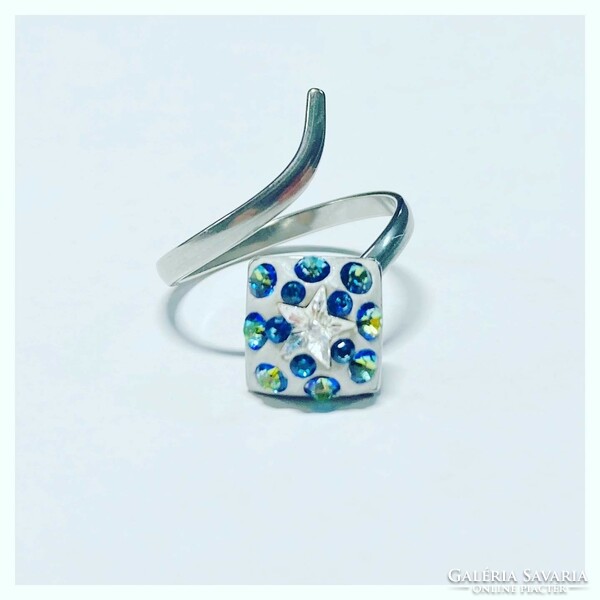 Bermuda blue swarovski crystal adjustable stainless steel ring!