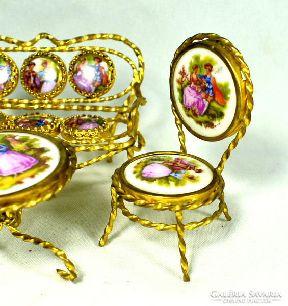 Limoges porcelain miniature with inlays gilded display cabinet decorative furniture set!