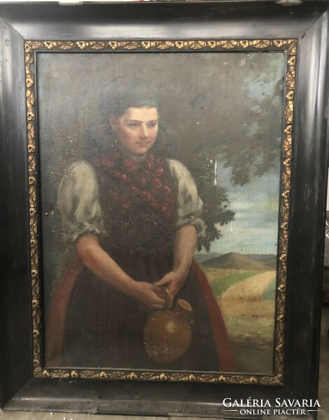 Antique Glatz signed pitcher woman in folk costume oil on canvas painting 80x60+k