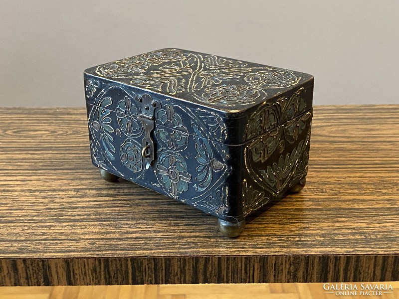 Painted, decorated with applique decoration, ball-shaped jewelry box, 13 x 9 x 8 cm