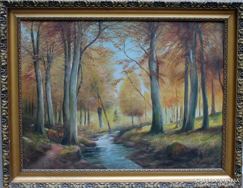 Antique painting: autumn forest with deer. Oil on canvas.