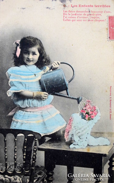 Antique photo postcard little girl watering flowers