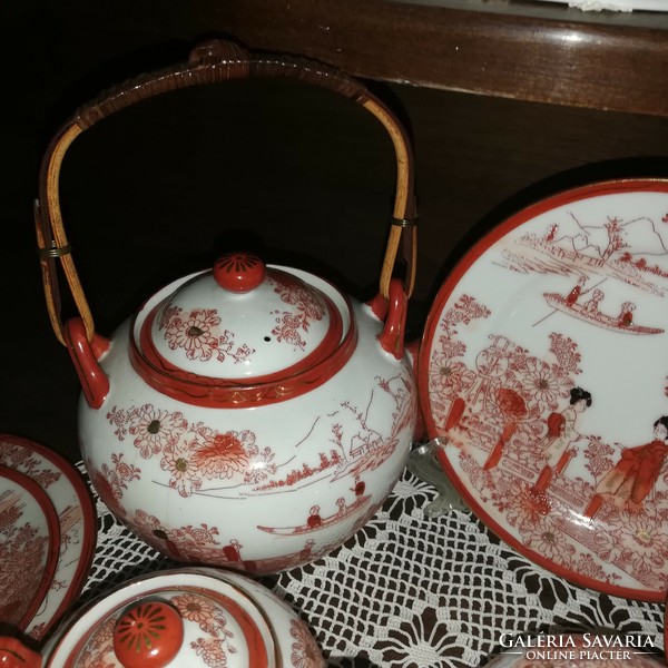 Kutani hand-painted geisha and landscape Japanese eggshell tea set