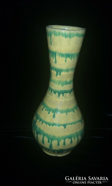 Retro ceramic vase with yellow green stripes 25 cm