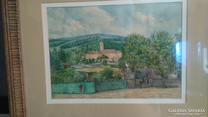 Quality antique Austrian watercolor 1900k with carved frame under glass 50x44 cm