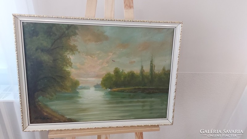 (K) Buka Károly tájkép festmény folyóval 68x49 cm kerettel