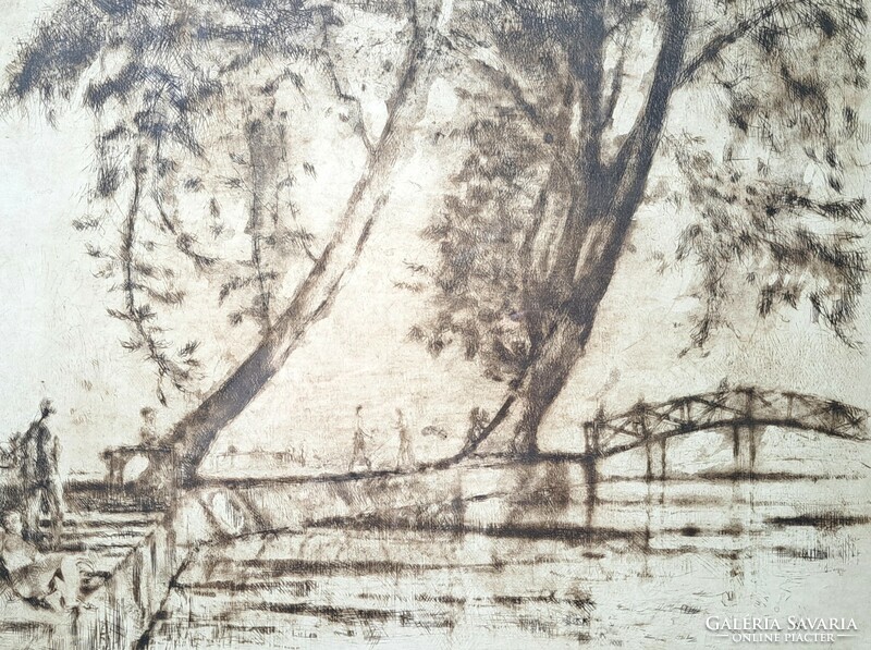 Lakeside landscape with a bridge - etching
