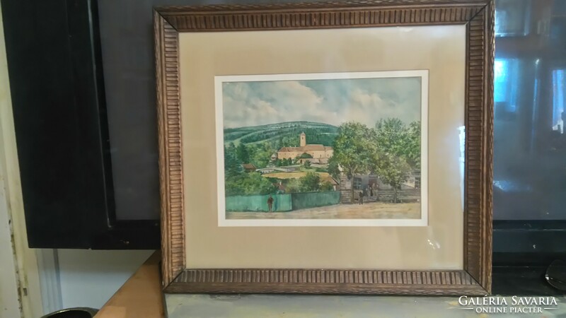 Quality antique Austrian watercolor 1900k with carved frame under glass 50x44 cm