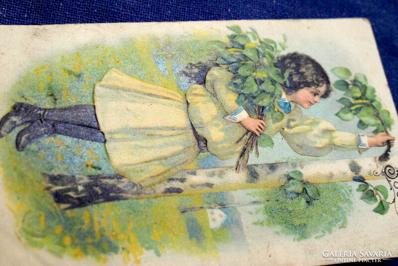 Antique embossed spring greeting litho postcard little girl picking birch branches