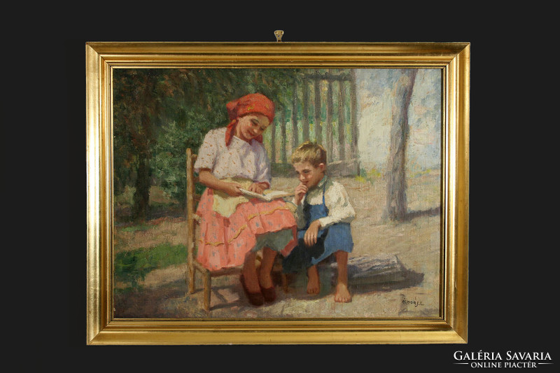 László János Áldor (1895-1944) children reading 60x80cm children playing little girl little boy siblings