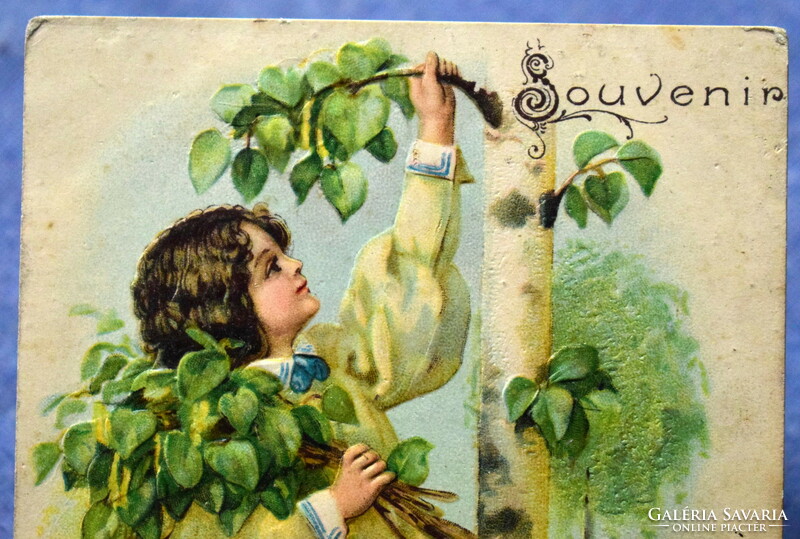 Antik dombornyomott tavaszi üdvözlő  litho képeslap kisleány nyírfaágakat szed