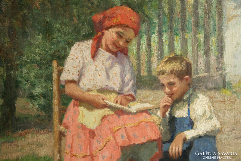 László János Áldor (1895-1944) children reading 60x80cm children playing little girl little boy siblings