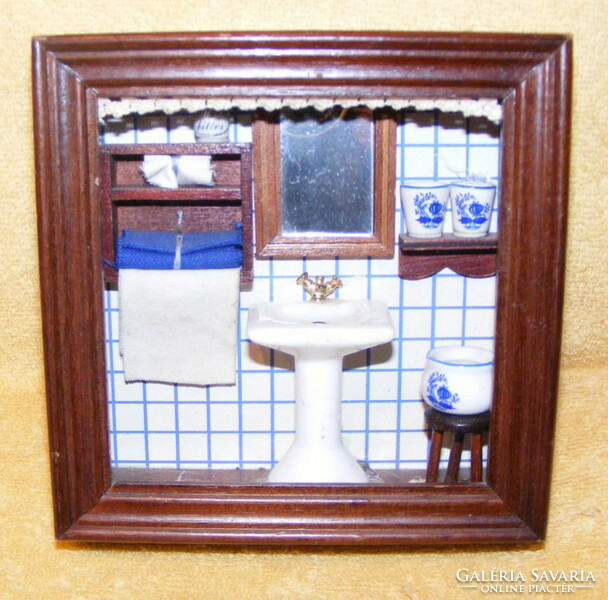 Bathroom doll furniture in a frame for a toy doll