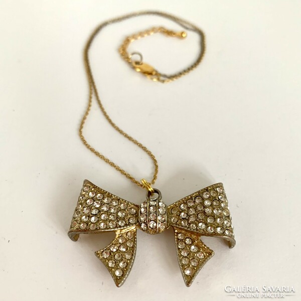 Old Bow Pendant Metal Vintage Necklace, Jewelry is from the 1980s, Rhinestone Bow Pendant