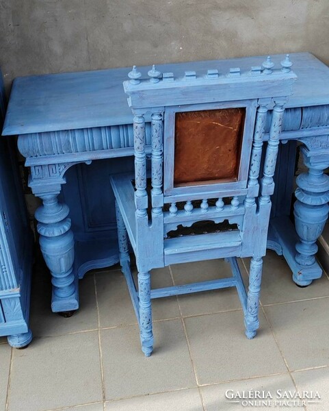 Antique table with chairs and matching cabinet painted blue