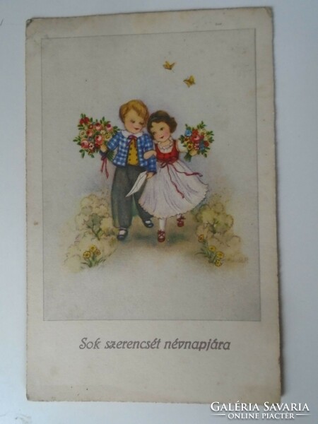D195350  Régi képeslap - 1940k  Névnap - Gyermekek virágcsokorral