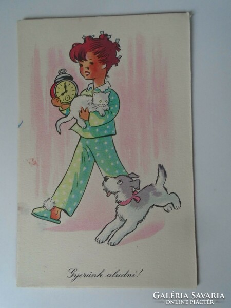 D195358 old postcard - 1957 let's go to sleep - little girl, dog, cat - kitty cat