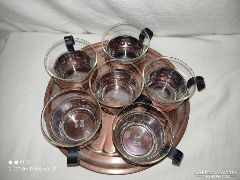 Marked original schott mainz jena glass 6 glass cup with copper holder and tray complete set