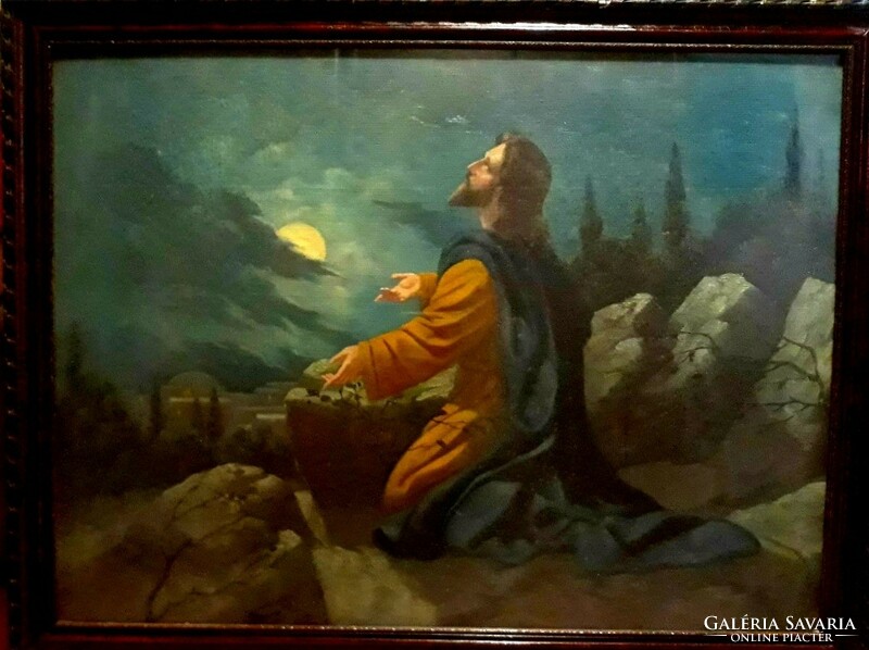 Jézus Krisztus az Olajfák hegyén, nagyméretű 60x80 cm-es olajfestmény szép fakerettel