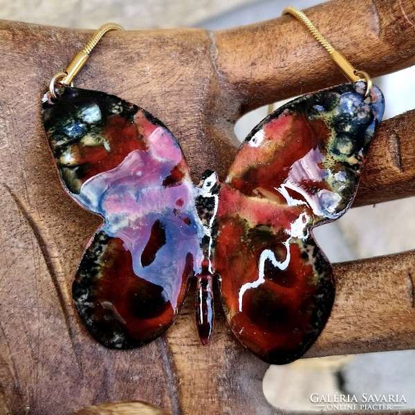 Fire Enamel Butterfly Pendant Necklace (Unique, Handmade, New)