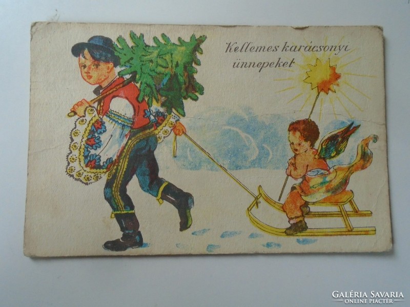 D195338  Régi képeslap - Karácsony - 1940k  népviselet   angyal szánkó