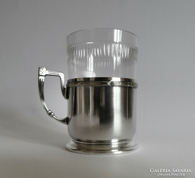 J.L Hermann szecessziós ezüstözött pohár metszett üvegbetéttel Bécs 1910-es évek
