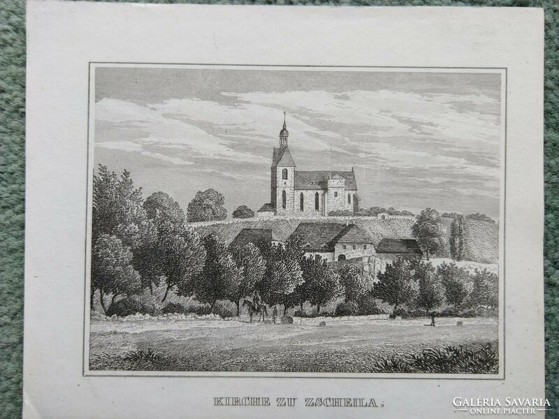 Kirche zu zscheila. Original wood engraving ca. 1835