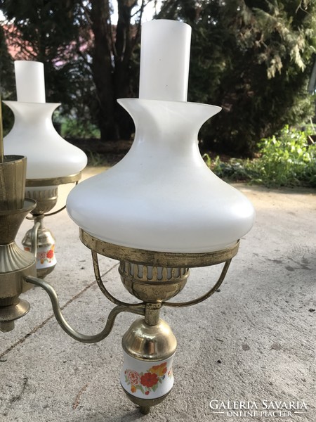 Negotiable! Retro, three-branched, majolica inlay, kerosene lamp style chandelier