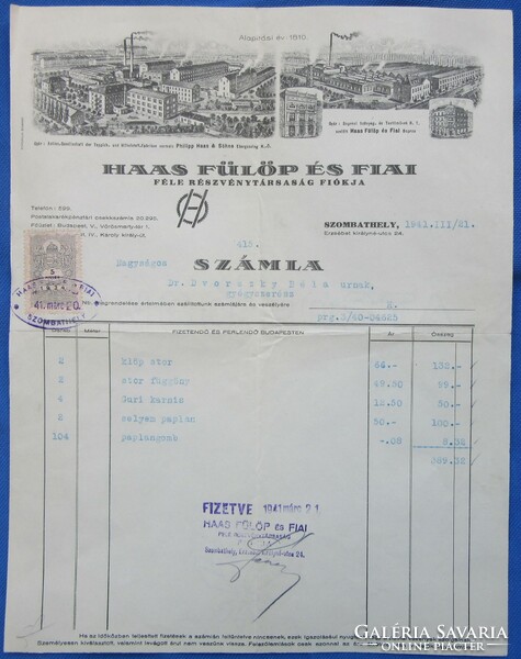 Régi fejléces számla 1941 Szombathely Haas  Fülöp  és fia ,vízjeles papíron.
