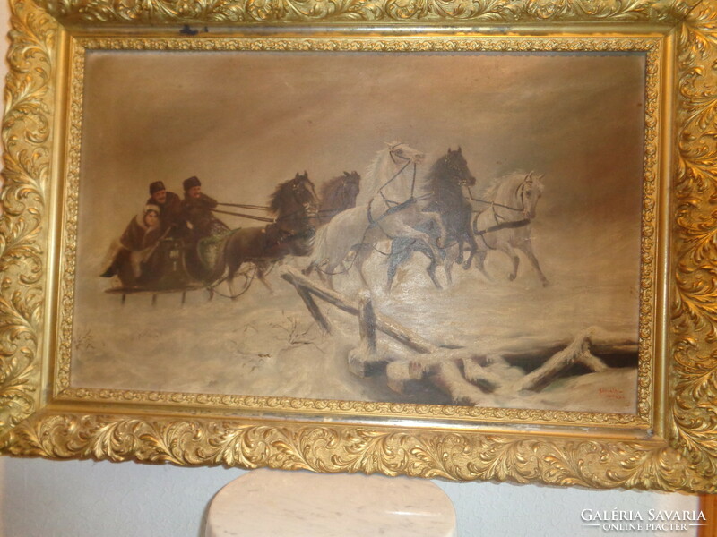 NÉMETH   L.  ( 1910 )   festménye   , A lovak megtorpannak  a leszakadt híd előtt