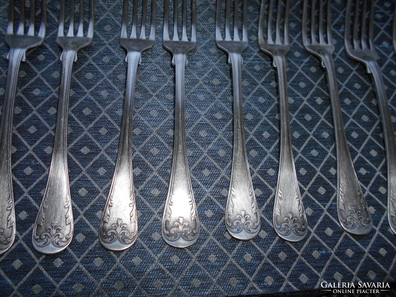 9 antique marked alpaca forks - beautiful goldsmith's work - with engraved monogram