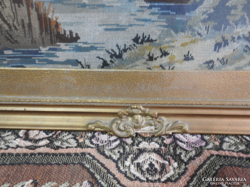 Antique tapestry landscape in blonde frame