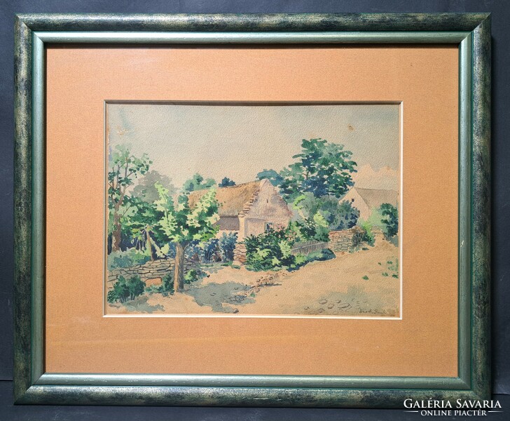 Village street - watercolor in a nice frame - with an unidentified sign