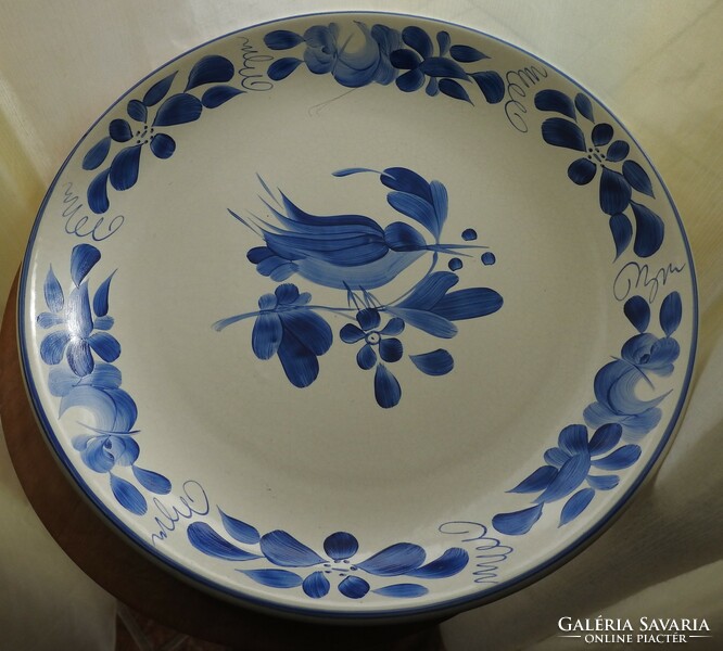 Kézzel festett jelzett kék madár mintás falitál - fali tányér