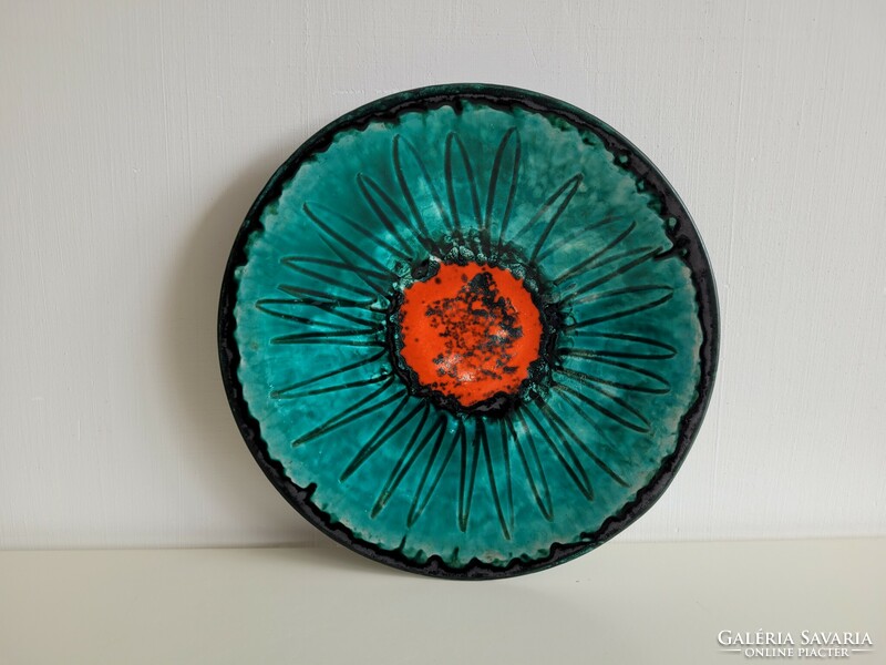 Old retro 29.5 cm large size glazed ceramic wall bowl mid century marked wall decoration green wall bowl
