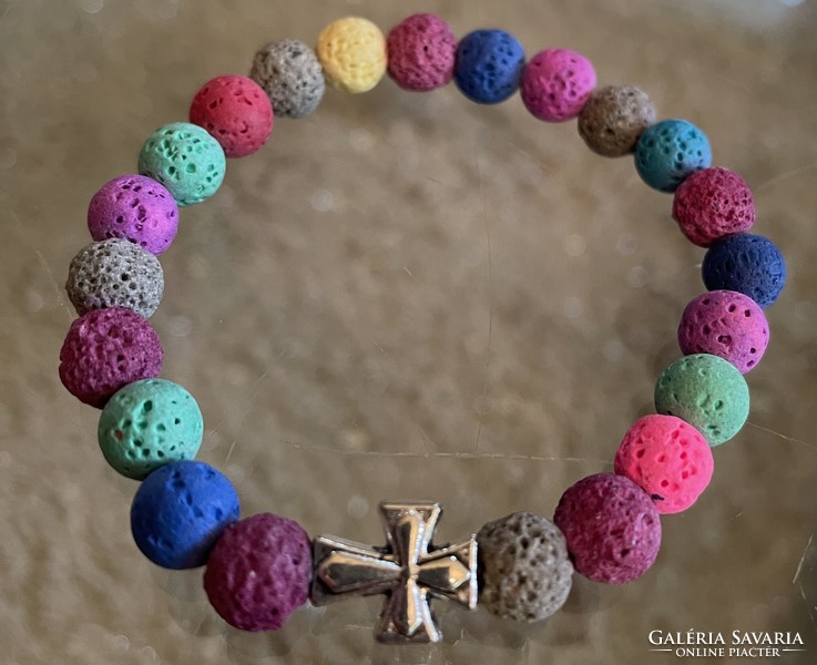 Colorful lava stone mineral unisex bracelet with antique silver-colored cross decoration