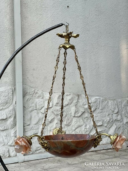 Antique style sculptural copper-marble 4-bulb chandelier with faun head