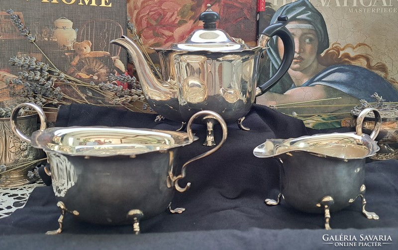 English silver-plated teapot, milk spout and sugar bowl