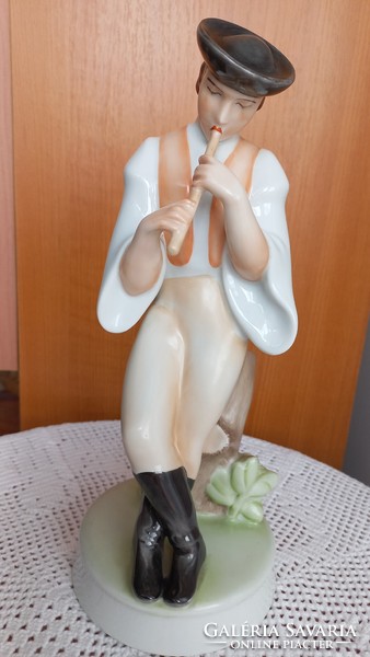 Figurative statue of flute player marked Zsolnay, hand painted, flawless, 27 cm, base diameter: 11 Cm