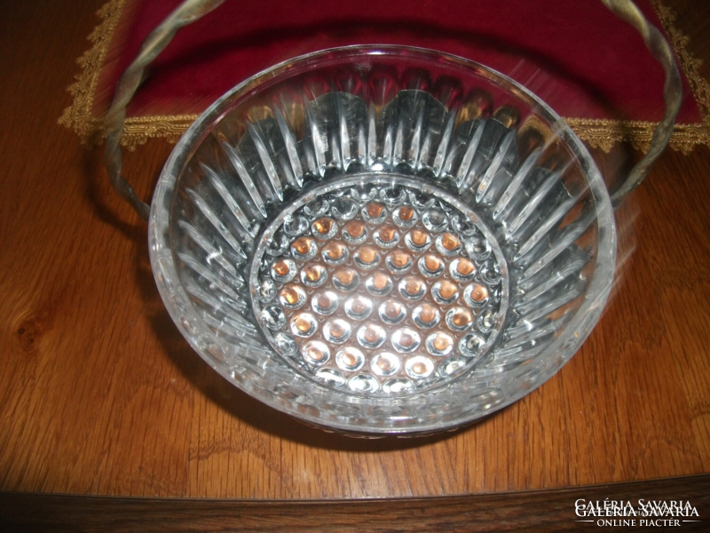Old handwork metal small basket with cam glass, unused