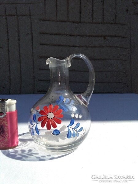Régi üveg keresztelő kancsó - kézzel festett virágokkal