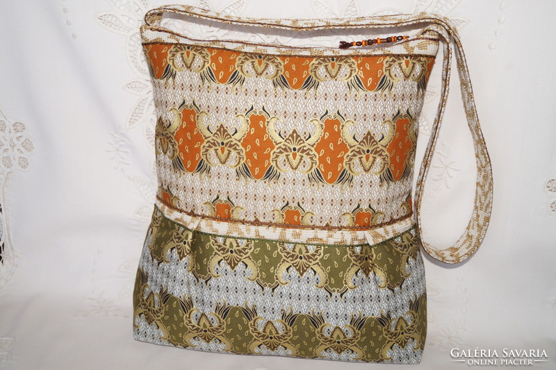 Large women's shoulder bag made of brown, green, gold, Indonesian printed material