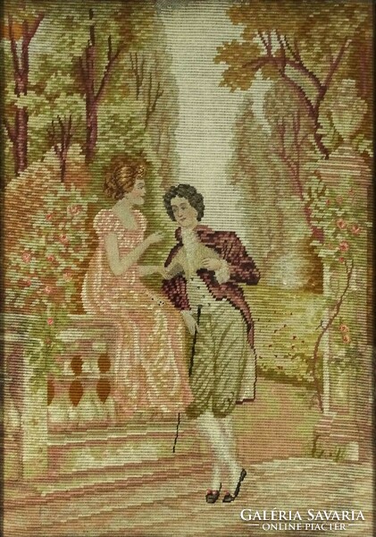 1M452 antique needle tapestry: courtship in the castle garden 76 x 59 cm
