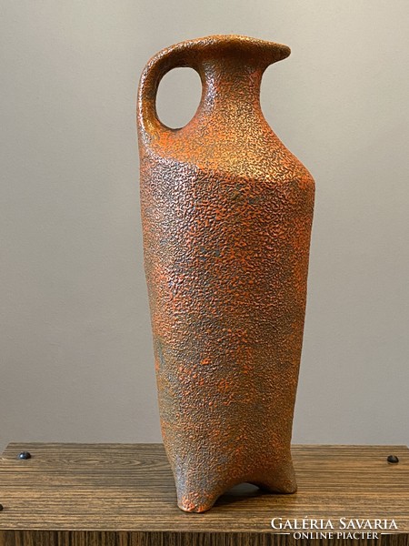 Pesthidegkút retro ceramic floor vase in the shape of a pitcher with a handle, orange rucksack glaze, 50 cm