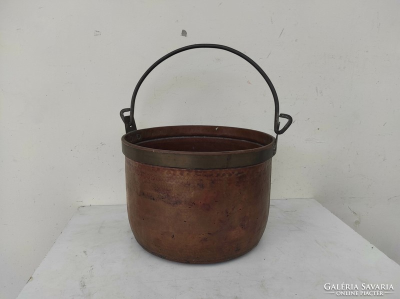 Antique kitchen copper cauldron, heavy pot and red copper kettle with iron handle 844 7408