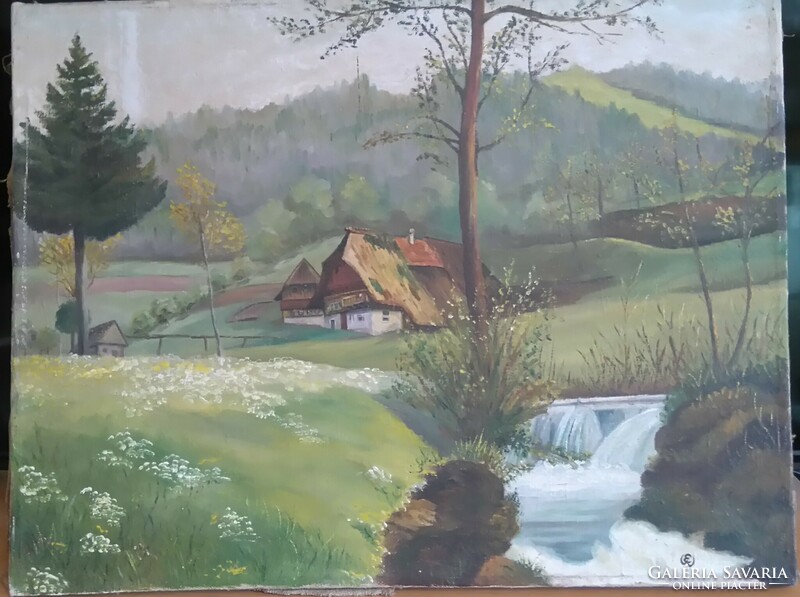 Austrian Art Nouveau landscape with cottage ew monogram oil/canvas 59x45 without frame cheap!