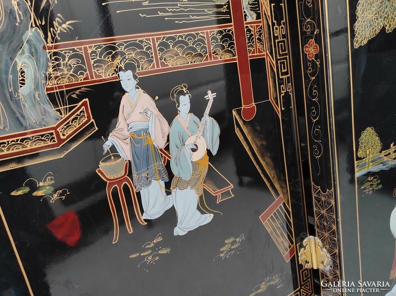 Antique Chinese furniture painted geisha life portrait motif large black lacquer cabinet 602 7350